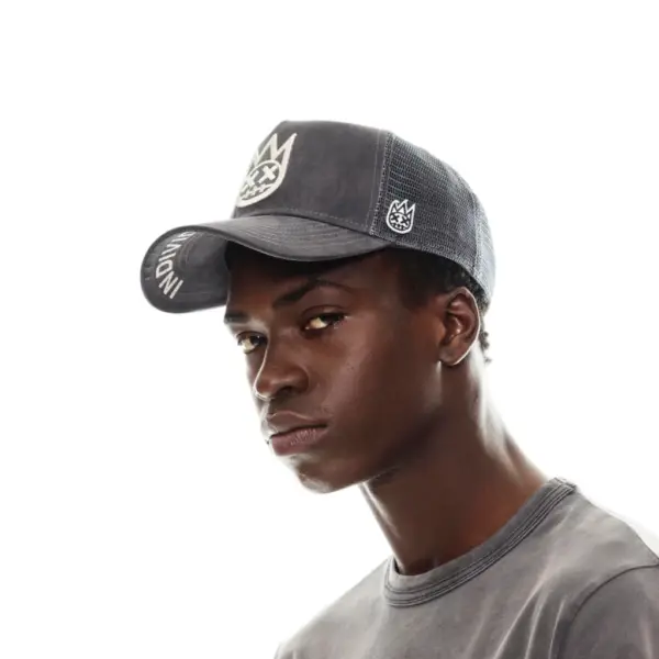 CULT INDIVIDUALITY SHIMUCHAN LOGO MESH BACK TRUCKER HAT IN VINTAGE CHARCOAL