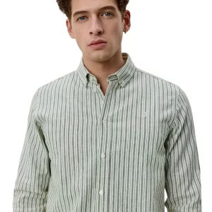 LES DEUX Stripe Cotton-Linen Shirt GREEN / SAND