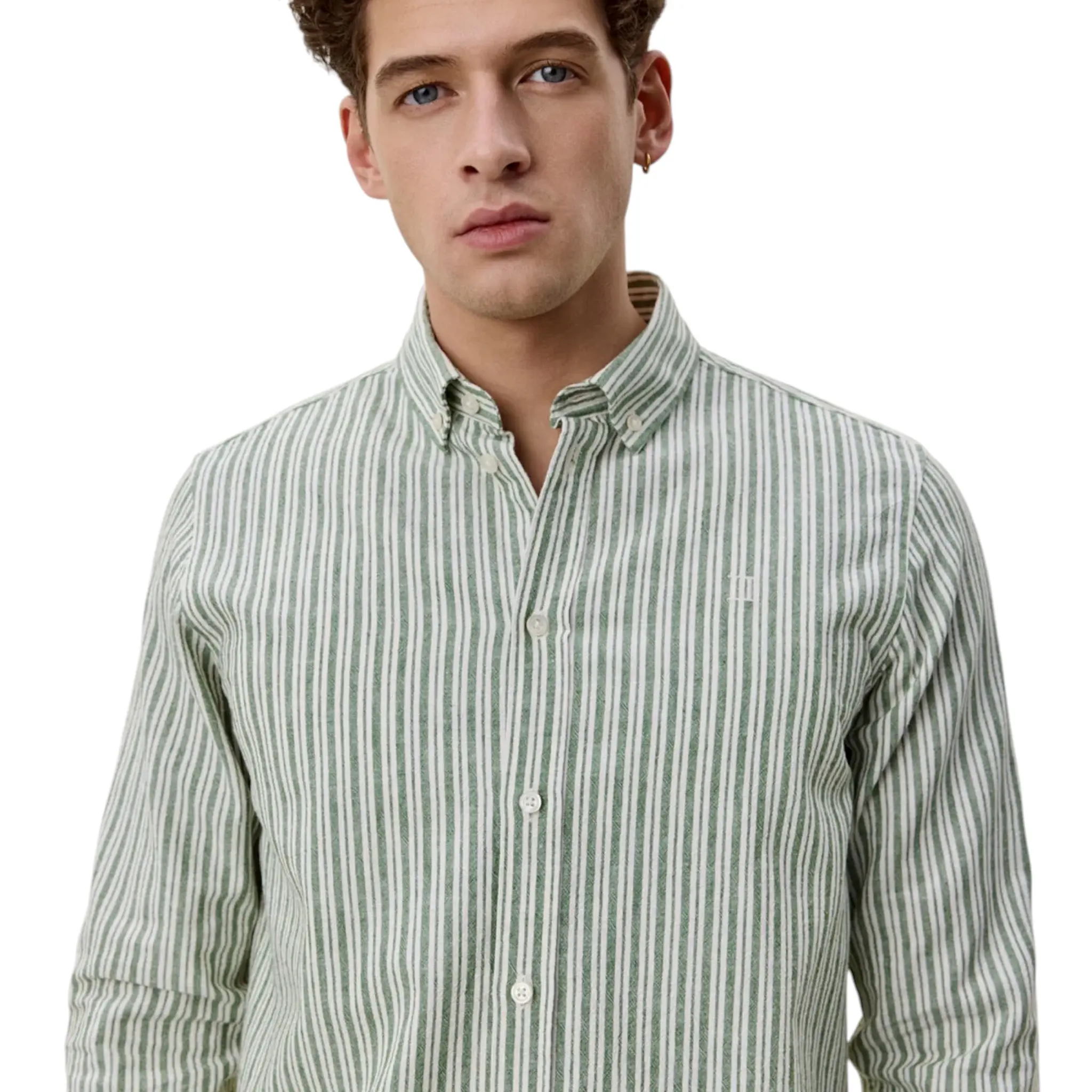 LES DEUX Stripe Cotton-Linen Shirt GREEN / SAND