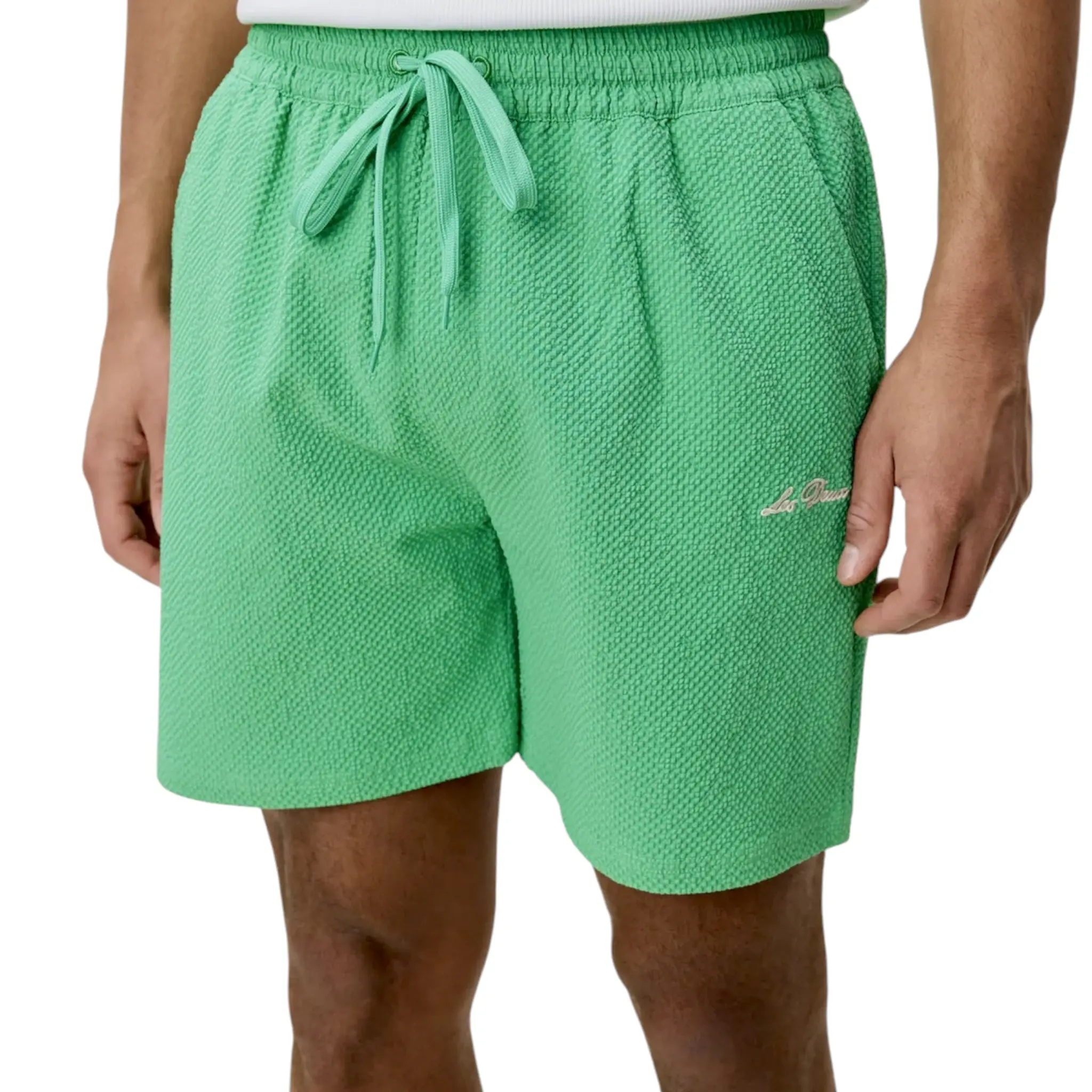 LES DEUX Seersucker Swim Shorts BLACK /GREEN